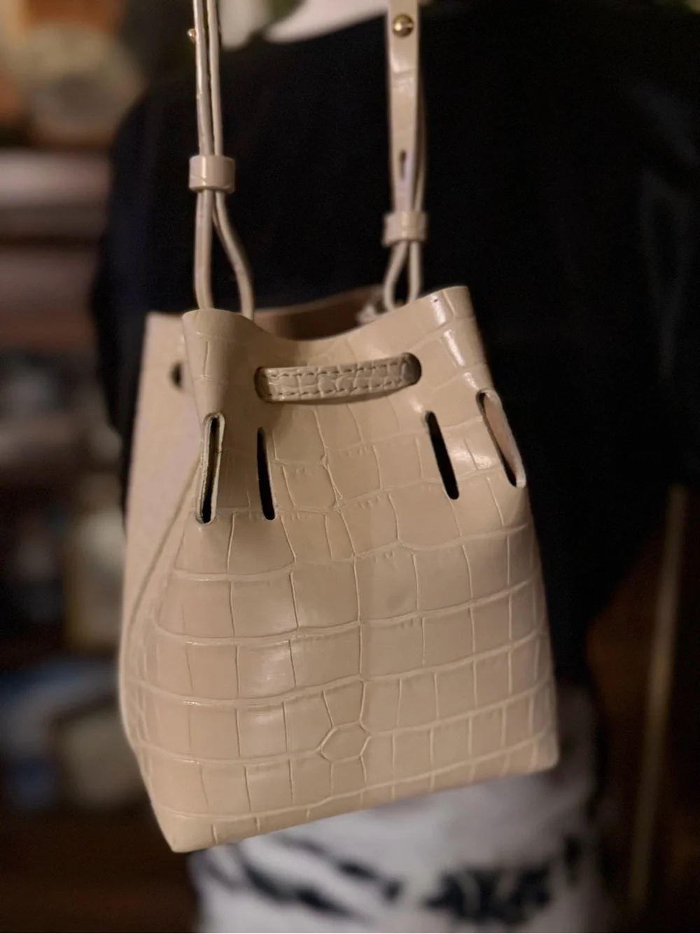 Nanushka - Beige Croc Embossed Faux Leather Mini Bucket Bag